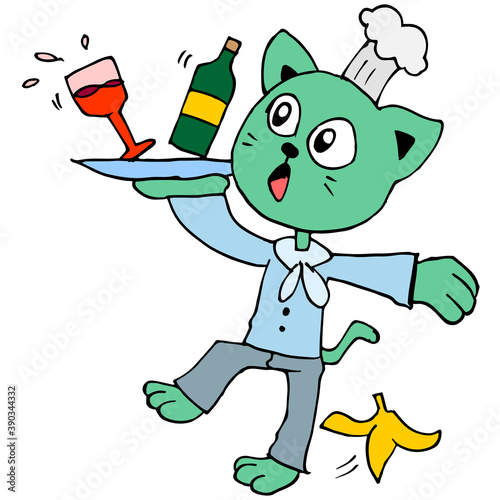 the cat servant is bringing the food serve and slips