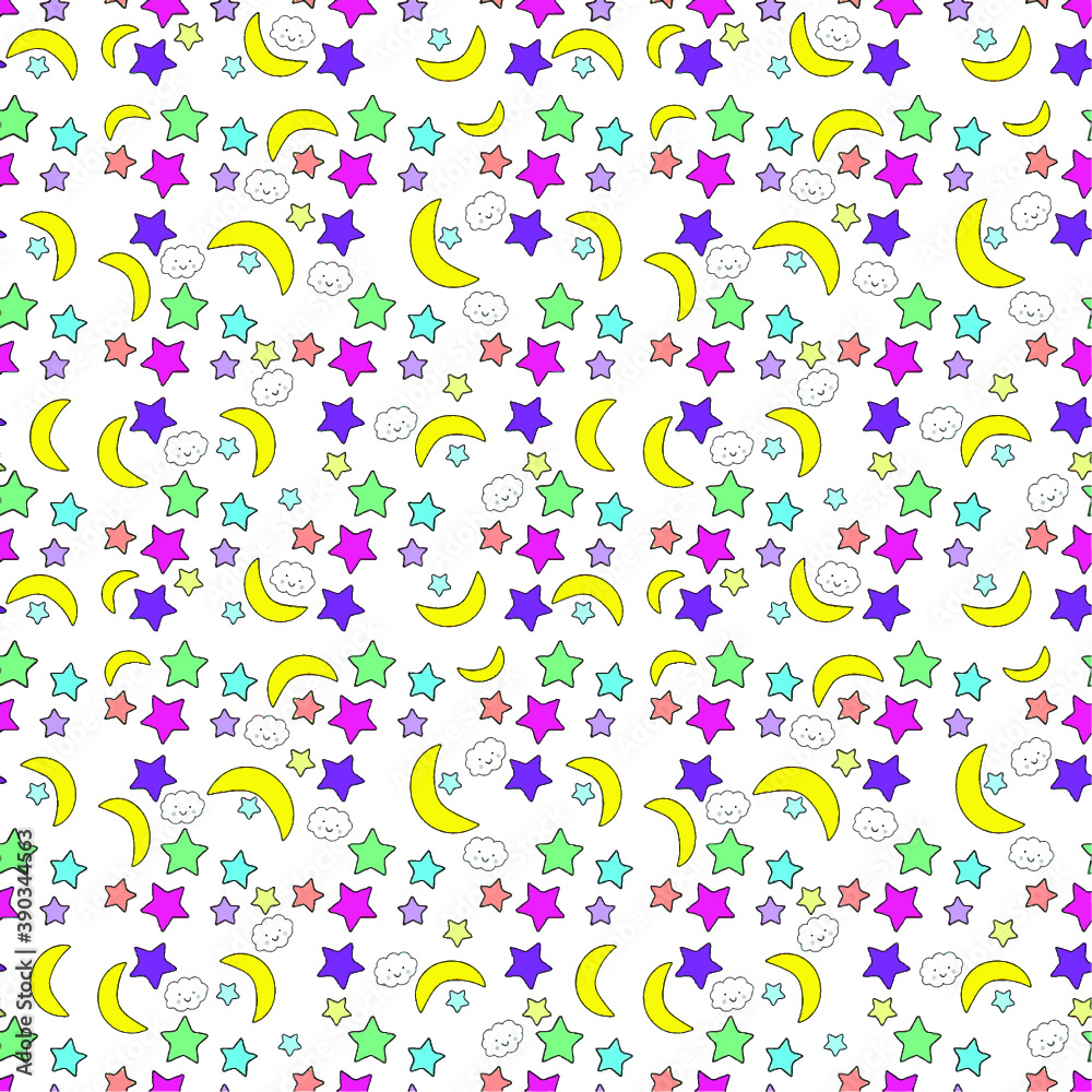 Colorful seamless pattern of stars and moons