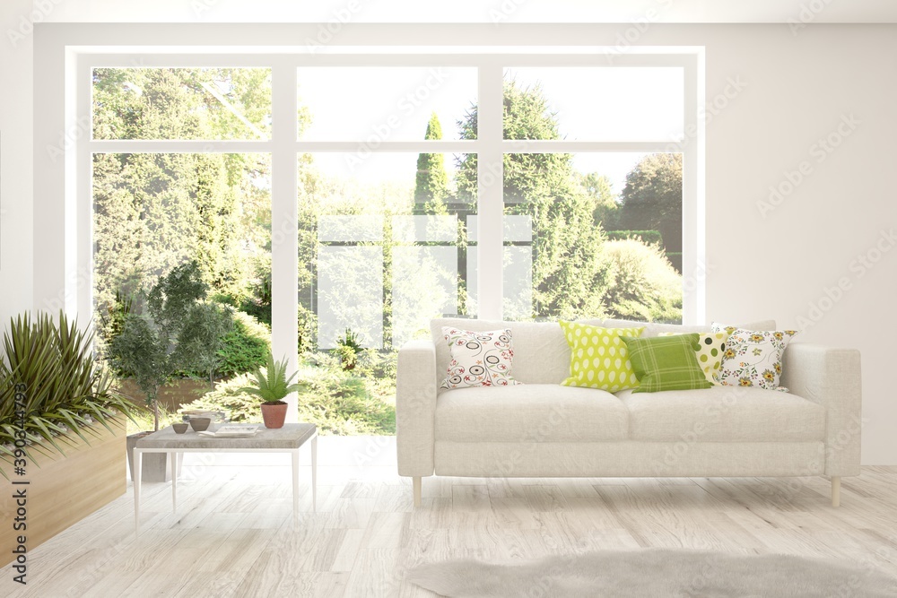 White living room with sofa and summer landscape in window. Scandinavian interior design. 3D illustration White living room with sofa and summer landscape in window. Scandinavian interior design. 3D illustration