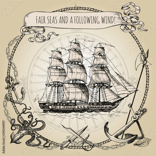 Image of an old sailing ship in a round frame made of ship ropes. Pirate background. Vintage border frame. Old caravel, vintage sailboat. Octopus, daggers, anchor, anchor chains