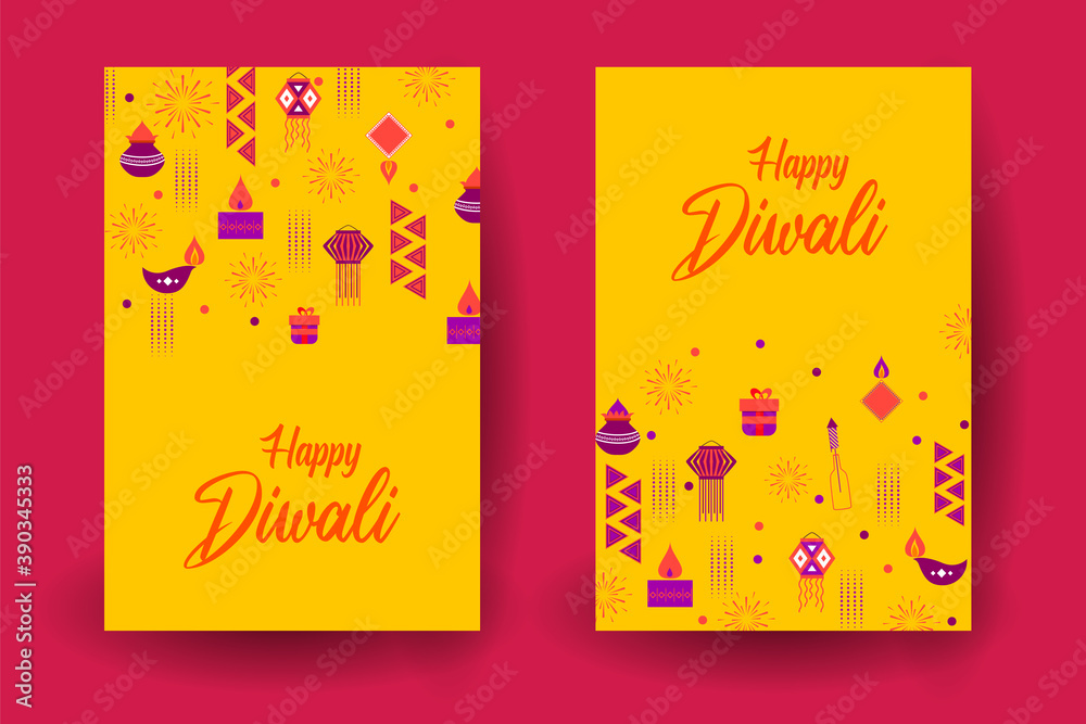 illustration of decorative holiday object on Happy Diwali background for light festival of India