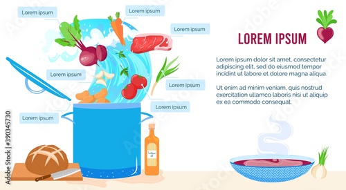 Cook food in kitchen vector illustration. Cartoon flat fresh food ingredients fly in pot saucepan for cooking red soup or borscht, meat carrot beet onion garlic parsley for cooking recipe background