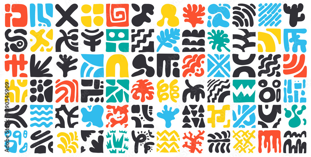 Mega set of minimal style abstract shapes. Colored modern design elements, hand drawn organic art composition. Modern geometric, colorful template. Vector illustration. Isolated on white background.