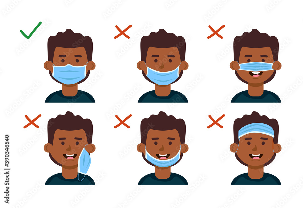 How to use a face mask correctly. Explanation with the boy. Vector cartoon illustration. How to use a face mask correctly. Explanation with the boy. Vector cartoon illustration.