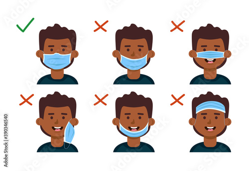 How to use a face mask correctly. Explanation with the boy. Vector cartoon illustration.