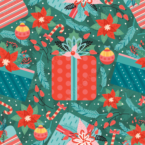 Merry Christmas and Happy New Year seamless pattern with Christmas toys, poinsettia, candy cane and gifts. Ornate holiday elements on the background of fir branches. Vector illustration in retro style