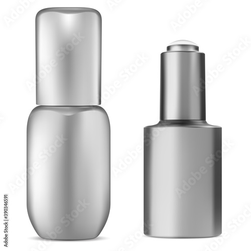 Serum bottle blank. Cosmetic dropper vial mockup. Isolated packaging with eyedropper for medical face care liquid treatment. Eye skin collagen solution. Glass pot with natural essential oil