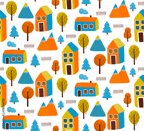 Cute autumn village colorful seamless vector pattern