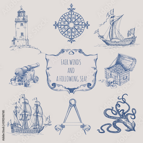 Set of decorative elements for the design of an old geographical map. Ancient ship, octopus, wind rose, frame, cartouch, chest with gold, compasses, cannon and lighthouse
