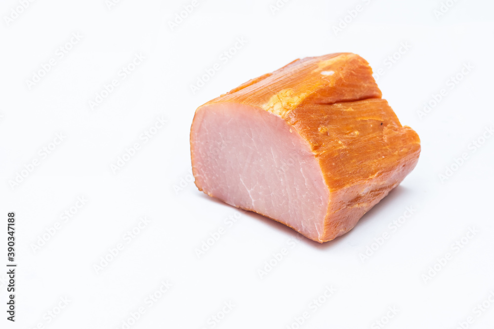 a piece of smoked pork - isolated on white background - top view a piece of smoked pork - isolated on white background - top view