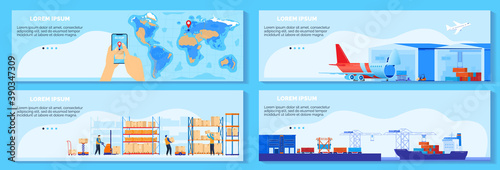 Global chain supply, logistic delivery service vector illustration. Cartoon flat infographic cargo shipment banner collection with worldwide delivering management, shipping by ship, air concept set