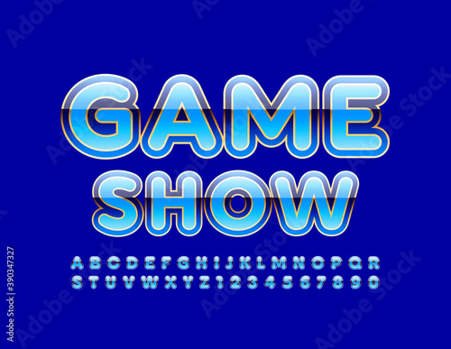 Vector modern emblem Game Show. Luxury Blue and Gold Font. Glossy Alphabet Letters and Numbers