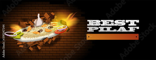 A plate of pilaf flies out of a brick wall with fire. The best pilaf