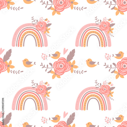 Pink floral rainbow pattern Pink romantic baby girl rainbow. Floral girly background Cute graphic paper Lovely wallpaper