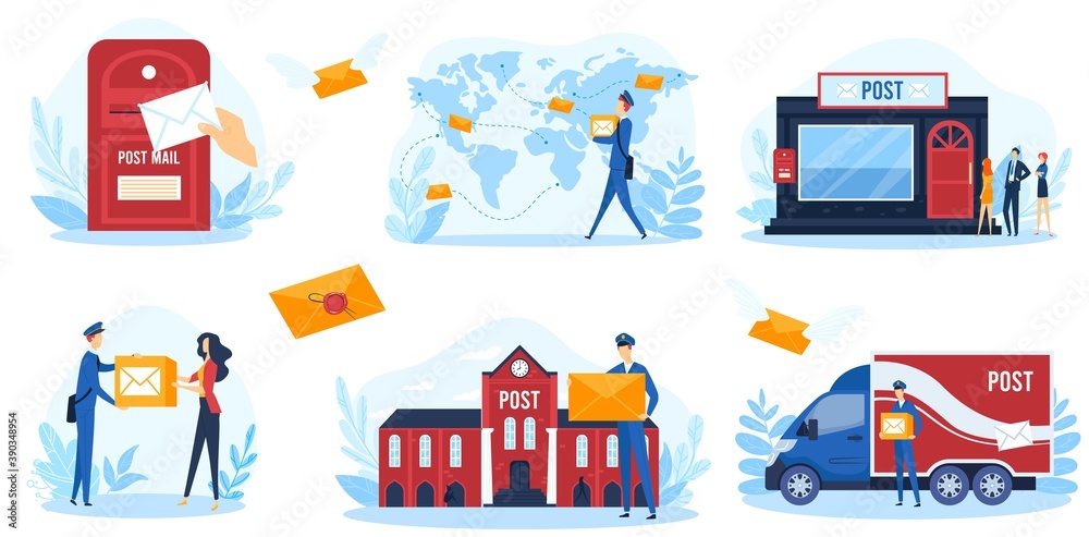 Post service vector illustration. Cartoon flat postal infographic banner collection with postman character shipping parcel and mail, mailman courier working on shipment van truck isolated on white