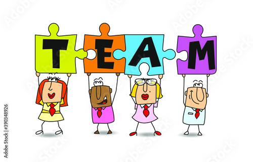Good team members for business success.
Success in this competitive field will depend on good team work. Businessmen and businesswomen hold puzzle pieces in their hands. 