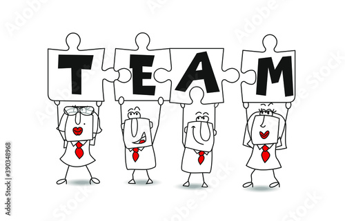Team members for business success. Success in this competitive field will depend on good team work. Businessmen and businesswomen hold puzzle pieces in their hands. It is a metaphor of a good team
