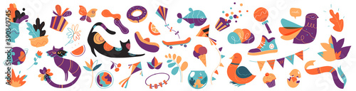 Collezione di icone e simboli simpatici per cartoline di festeggiamenti