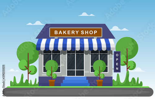 Fototapeta Naklejka Na Ścianę i Meble -  Showcase Bakery Shop Food Store Facade Street Cartoon Illustration