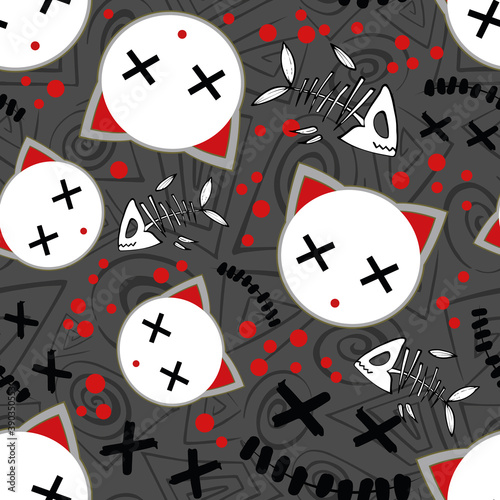 Vector halloween pattern with cat's heads, dead fishes and blood drops. Seamless pattern can be used for wallpaper, pattern fills, web page background, surface textures.