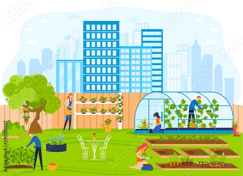 People work in city garden vector illustration. Cartoon flat urban cityscape with silhouettes of modern skyscraper houses and gardener worker characters gardening, working on growing crops background
