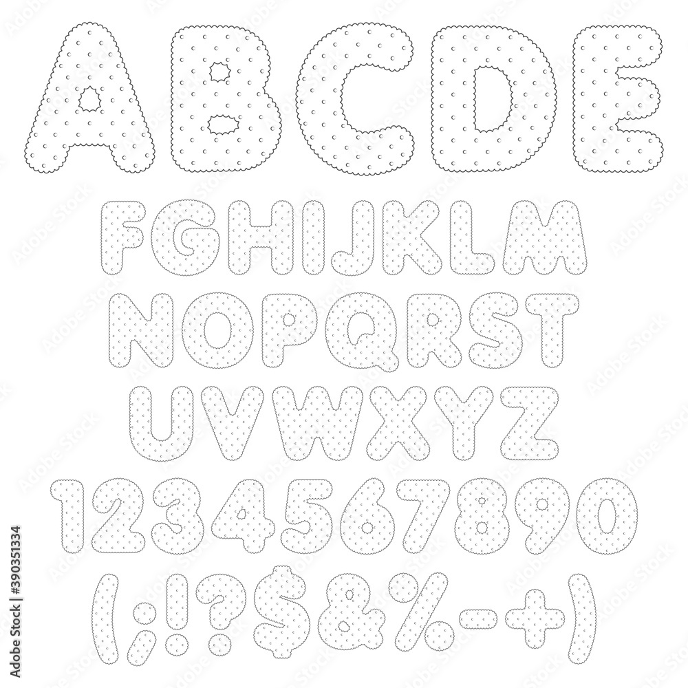 Fototapeta premium Rippled alphabet, letters, numbers and signs with polka dots. Set of isolated vector black and white objects on a white background.