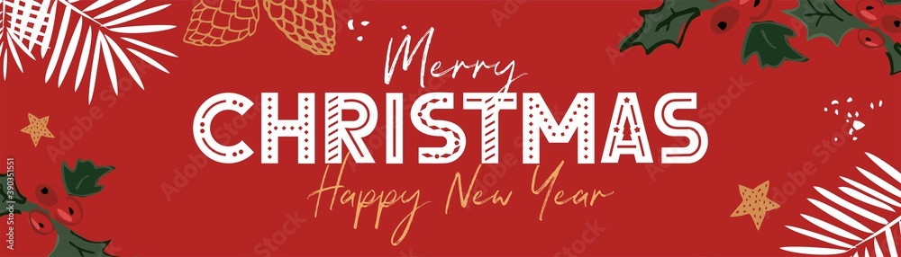 Fototapeta premium Horizontal banner greeting with winter holidays. Lettering Christmas in Scandinavian style is isolated on red with fir branches, cones. Background invitations for the new year. Vector illustration.