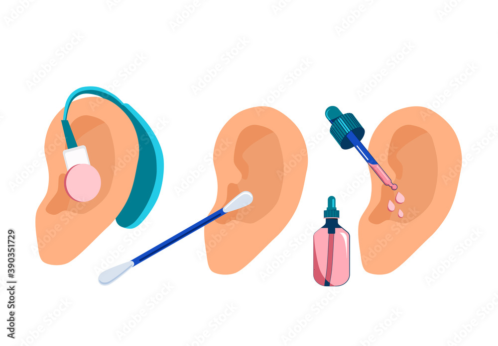 Human ears with aerophone,cotton swab and pipette.Hearing protection.Deafness prevention and otolaryngology.Personal hygiene routine and care.Removing cerumen,otitis treatment with serum medical drops Human ears with aerophone,cotton swab and pipette.Hearing protection.Deafness prevention and otolaryngology.Personal hygiene routine and care.Removing cerumen,otitis treatment with serum medical drops