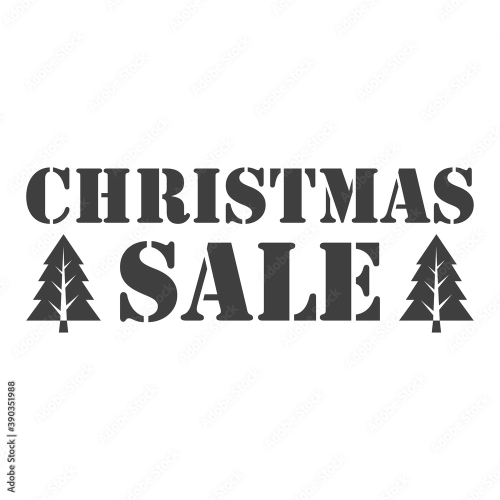 Rebajas de Navidad. Logotipo sello de caucho con texto Christmas Sale con árbol de navidad en color gris