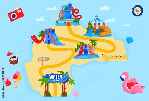 Water theme park vector illustration. Cartoon flat amusement waterpark island map with water slides, hills tubes and pools, banana boat ride aqua attractions, kids aquapark entertainment background