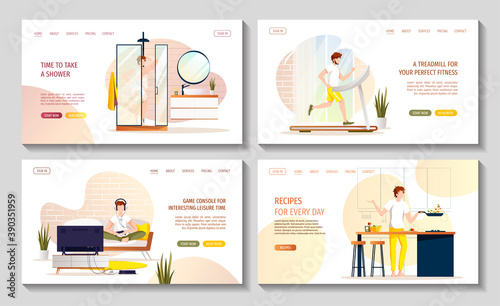 Set of web pages for home activities or leisure. Stay home concept. Man taking shower, playing a game console, running on a treadmill, cooking food. Vector illustration for poster, banner, website.