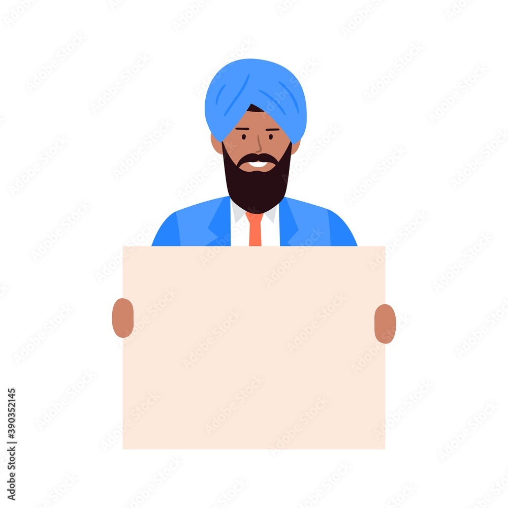 An Indian man holding a blank poster. Cartoon character showing a blank banner. Vector flat illustration. An Indian man holding a blank poster. Cartoon character showing a blank banner. Vector flat illustration.