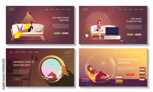 Set of web pages for home activities or leisure. Stay home concept. Woman reading book, working, watching TV, sitting on the windowsill. Vector illustration for poster, banner, website.