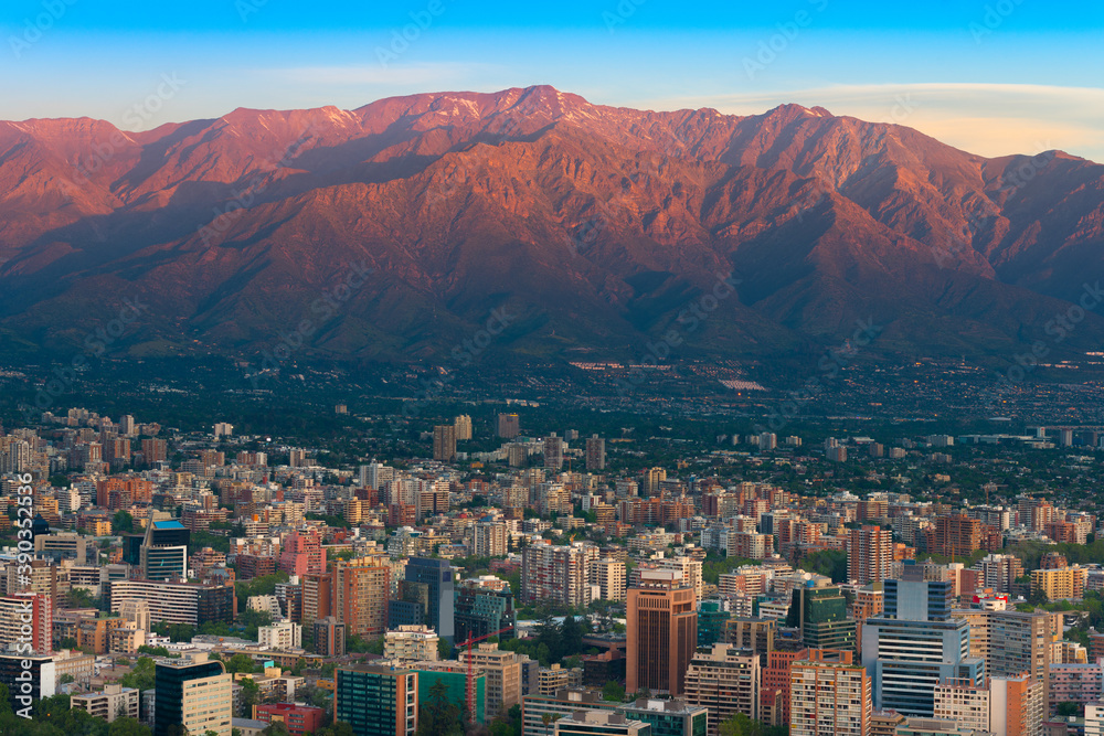 Panoramic view of Providencia district with Los Andes Mountain Range in Santiago de Chile