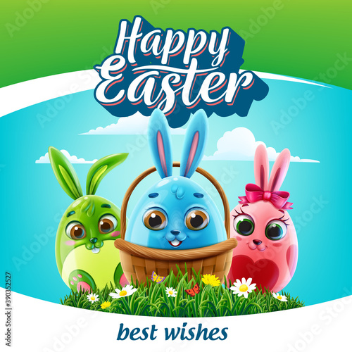 easter graphic banner with eggs and rabbits