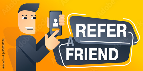 Refer a friend - referral program creative yellow banner - abstract simplified young man holding phone and shows his friends (people icons, avatars) - vector illustration with polygonal background