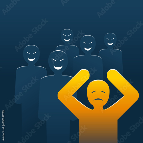 Bullying concept - people laughing and aggressive pursuiting to abuse, aggressively dominate or intimidate the outcast