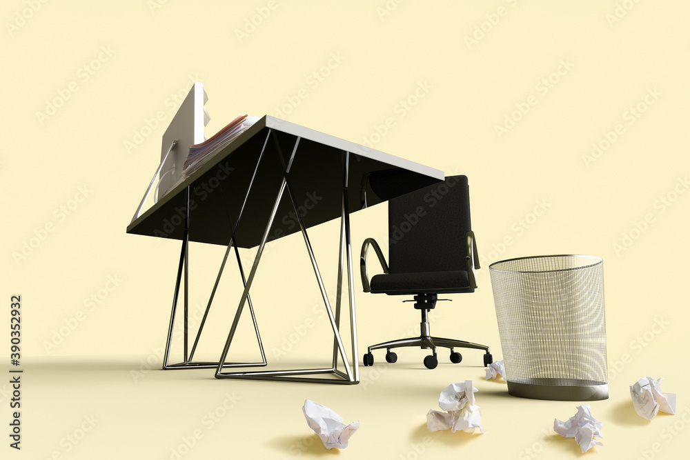 Office desk, chair and waste basket with crumpled papers outside representing the concept of creative block.