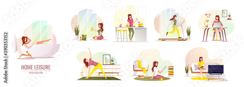 Set of home leisure scenes. Stay home concept. Woman cleaning home, doing yoga exercise, reading book, working, watching TV, taking bath, running on a treadmill, cooking food. Vector illustration.