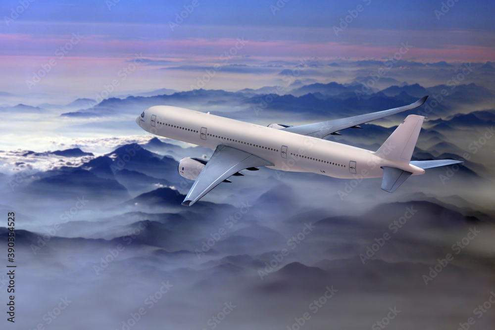Fototapeta premium Passagierflugzeug A 330 fliegt über ein schneebedecktes Gebirge