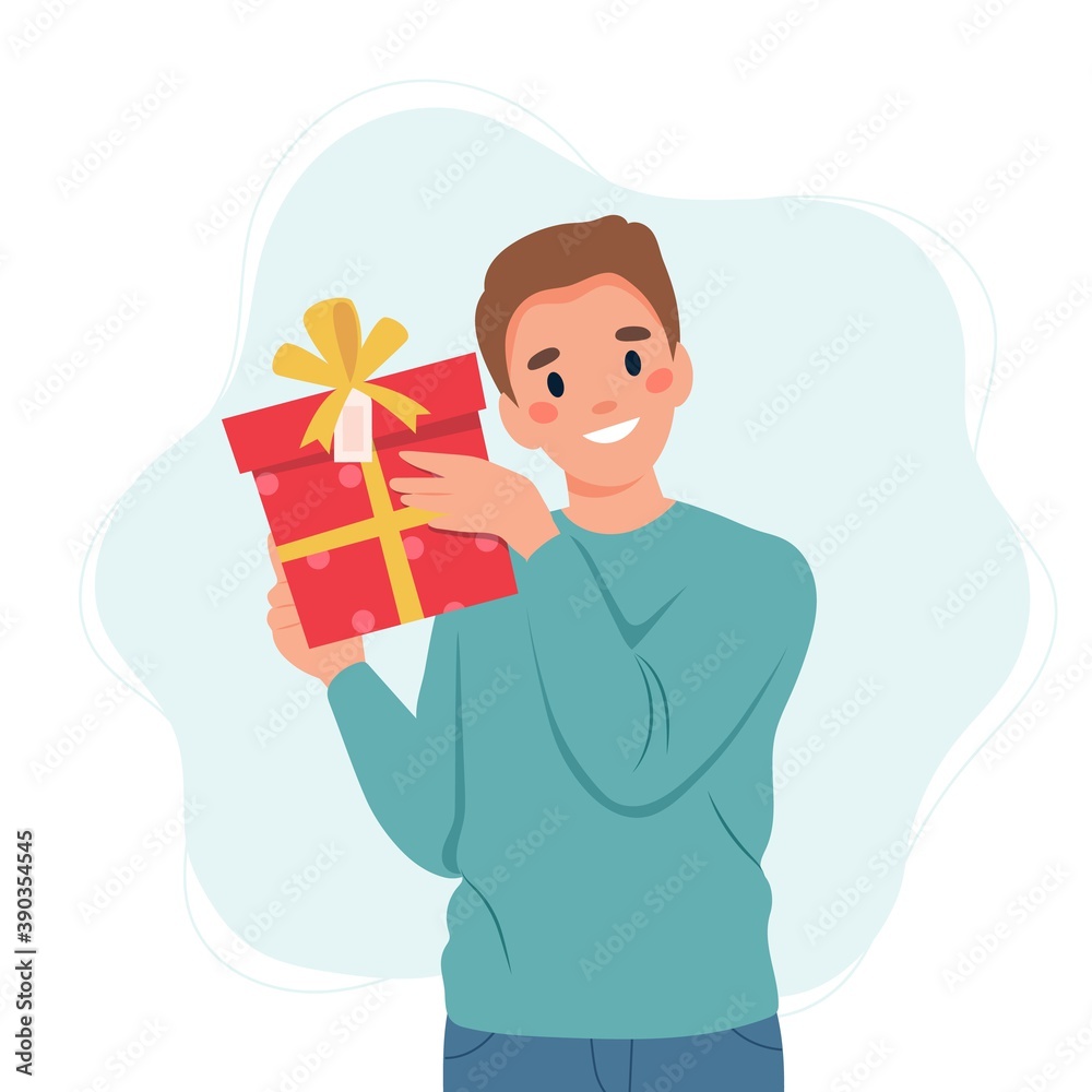 Man holding a gift box. Vector illustration template Man holding a gift box. Vector illustration template