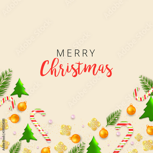 Christmas banner. Beige background Xmas design of sparkling lights garland, with snowflake and glitter confetti. Horizontal christmas poster, greeting cards, headers, website