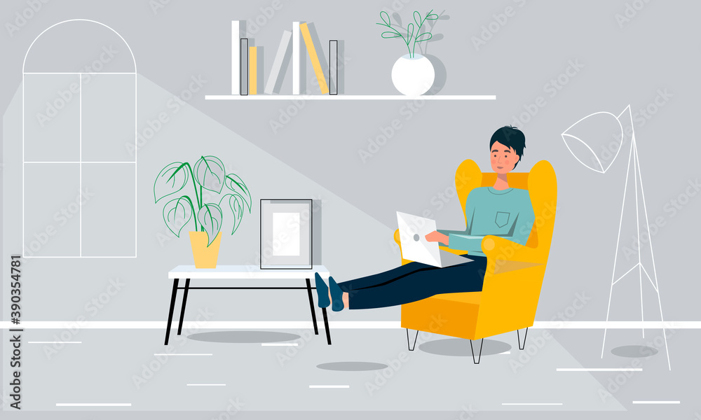 Fototapeta premium Man sits in chair and works at laptop. Modern interior. Vector illustration
