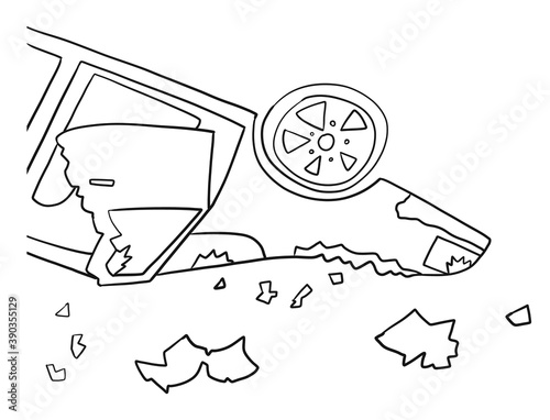 Wrecked overturned car after an accident, sketch