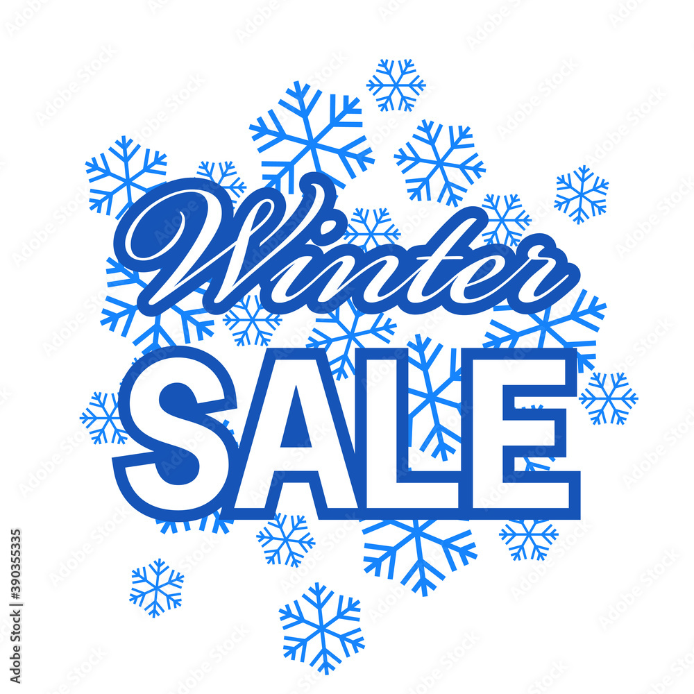 Rebajas de invierno. Logotipo con texto Winter Sale sobre patrón de copos de nieve en color azul y fondo blanco Rebajas de invierno. Logotipo con texto Winter Sale sobre patrón de copos de nieve en color azul y fondo blanco
