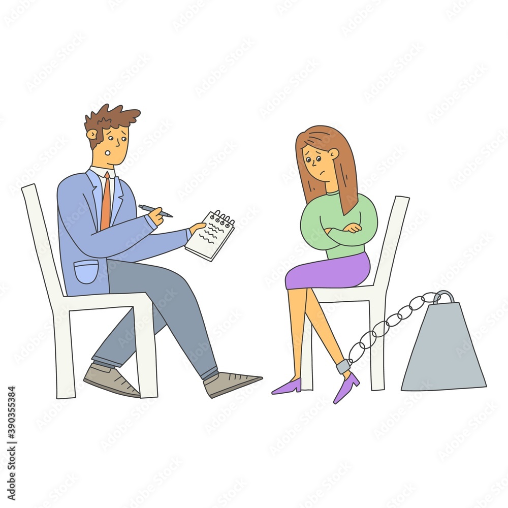 A man sits in front of a woman with shackles