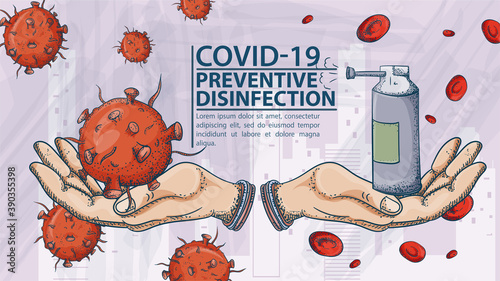 Banner for design design of prevention OF covind coronavirus hands holding red virus 2019-nCoV and disinfection agent warning Label