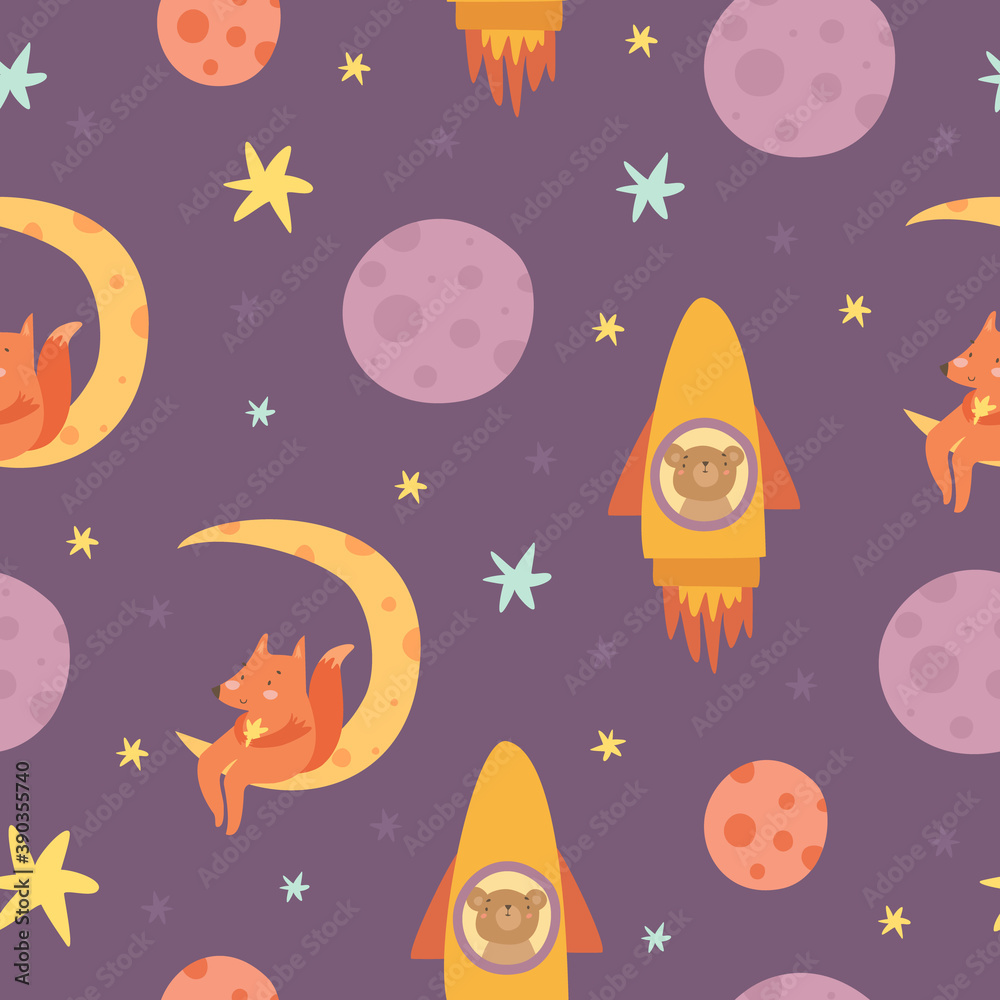 seamless space pattern with cute animals in a rocket. fox on the moon, bear in a rocket. cute doodles animals planets and stars