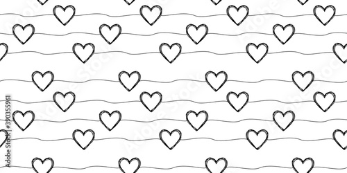 Seamless pattern with black hearts and stripes