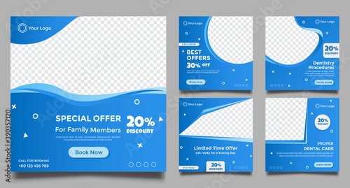 Dentist social media post templates. Medical promotion square web banner. Special offer banner. Sale and discount backgrounds. Vector illustration.